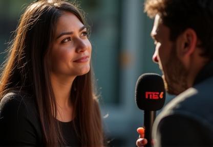 Artist in conversation with media, representing media relations.