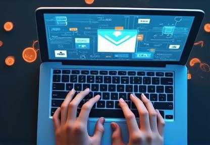 Person typing on a laptop with media icons, representing press release.